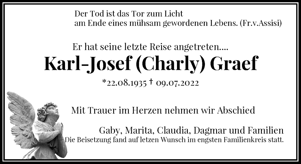  Traueranzeige für Karl Josef  Graef vom 29.07.2022 aus Rheinische Post