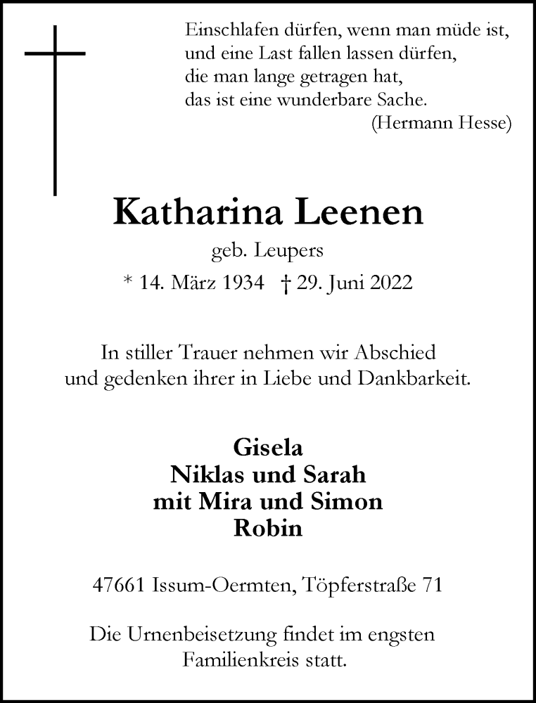  Traueranzeige für Katharina Leenen vom 01.07.2022 aus Rheinische Post
