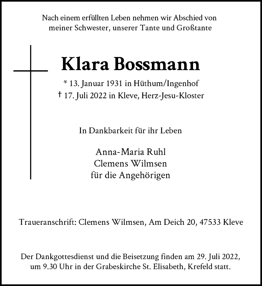  Traueranzeige für Klara Bossmann vom 23.07.2022 aus Rheinische Post
