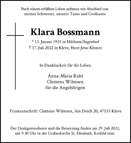 Traueranzeige von Klara Bossmann von Rheinische Post