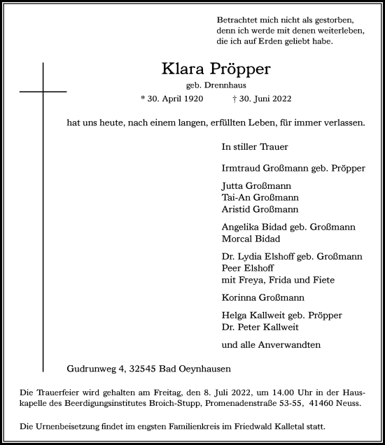 Traueranzeige von Klara Pröpper von Rheinische Post