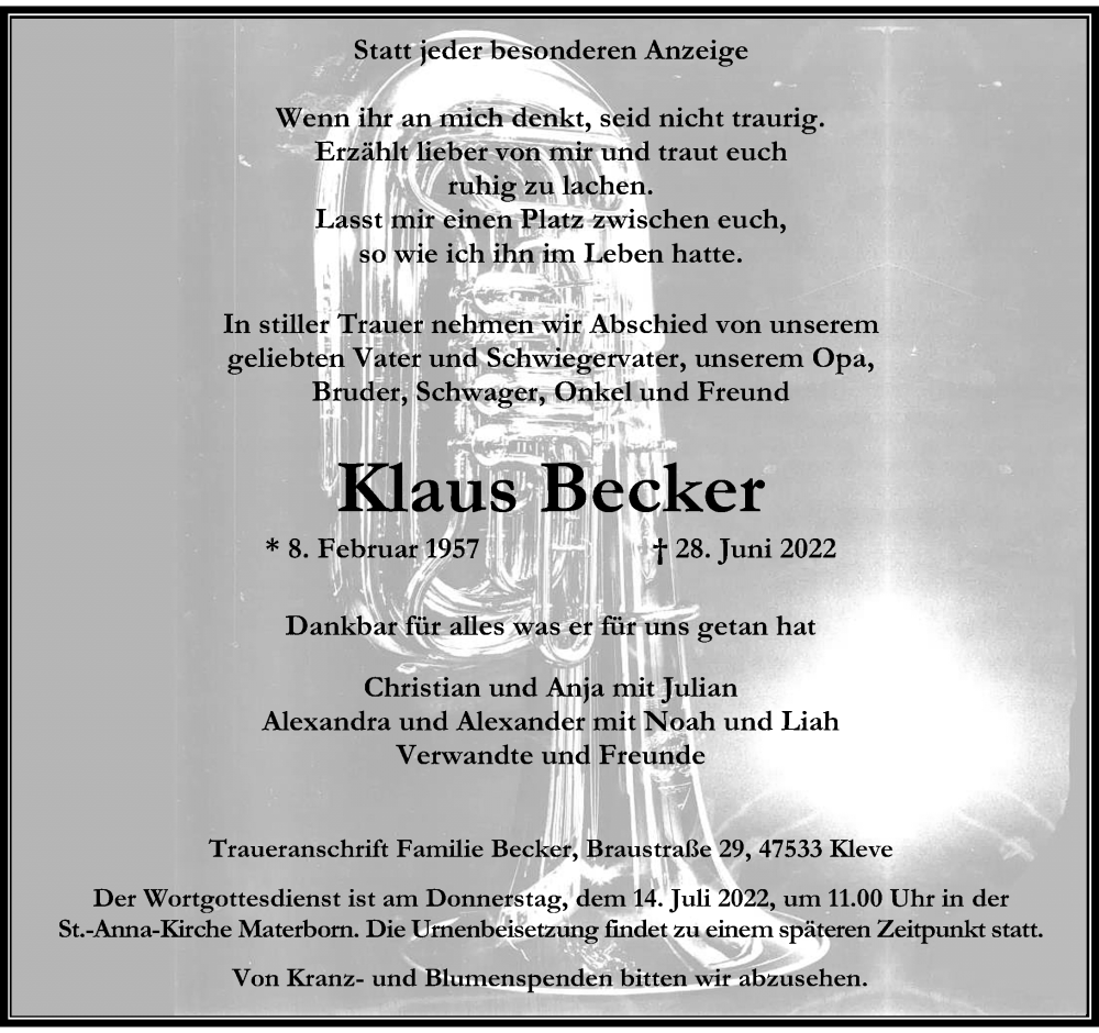  Traueranzeige für Klaus Becker vom 02.07.2022 aus Rheinische Post