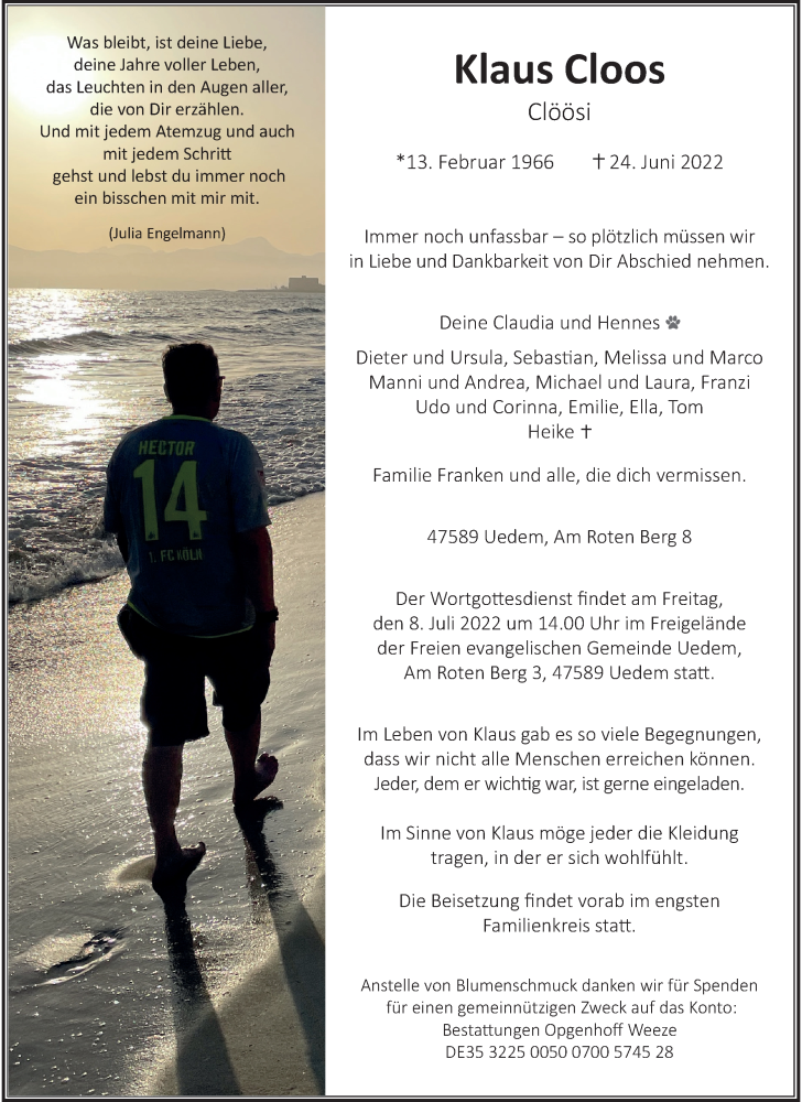  Traueranzeige für Klaus Cloos vom 02.07.2022 aus Rheinische Post