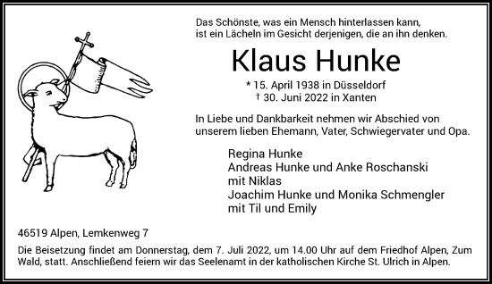 Traueranzeige von Klaus Hunke von Rheinische Post