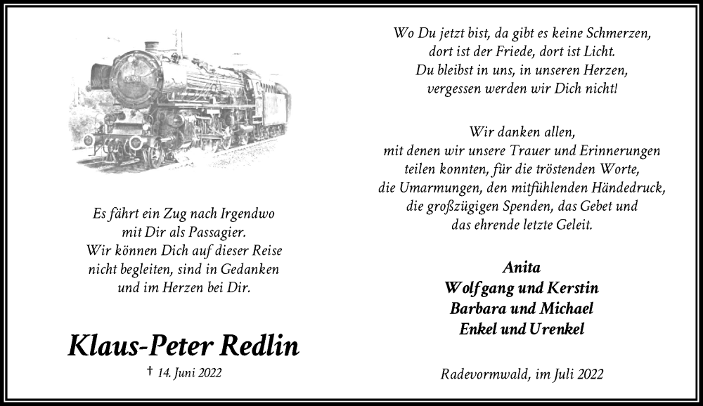  Traueranzeige für Klaus-Peter Redlin vom 23.07.2022 aus Rheinische Post