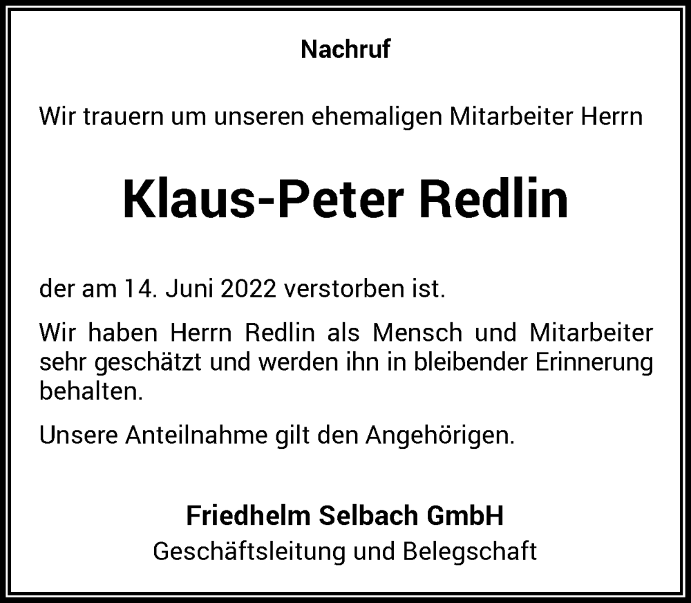 Traueranzeige für Klaus-Peter Redlin vom 09.07.2022 aus Rheinische Post