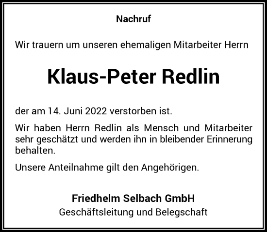Traueranzeige von Klaus-Peter Redlin von Rheinische Post