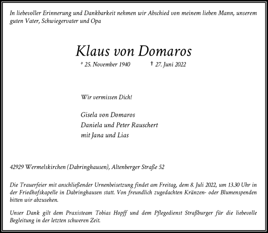 Traueranzeige von Klaus von Domaros von Rheinische Post