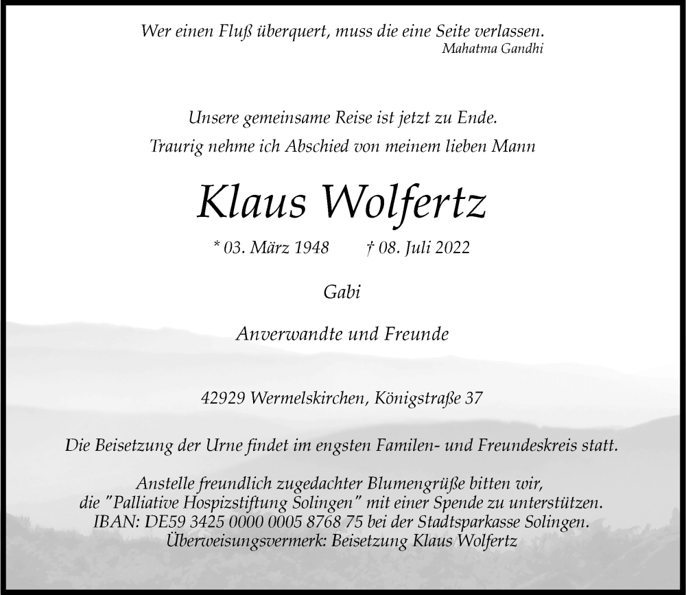  Traueranzeige für Klaus Wolfertz vom 19.07.2022 aus Rheinische Post