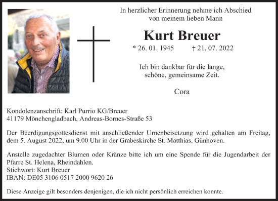 Traueranzeige von Kurt Breuer von Rheinische Post