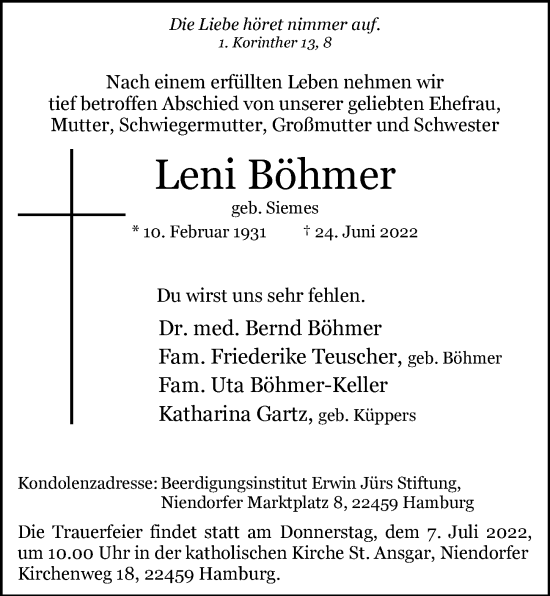 Traueranzeige von Leni Böhmer von Rheinische Post