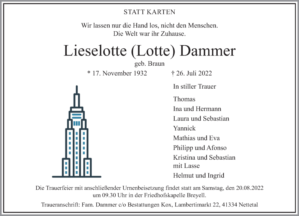  Traueranzeige für Lieselotte Dammer vom 30.07.2022 aus Rheinische Post