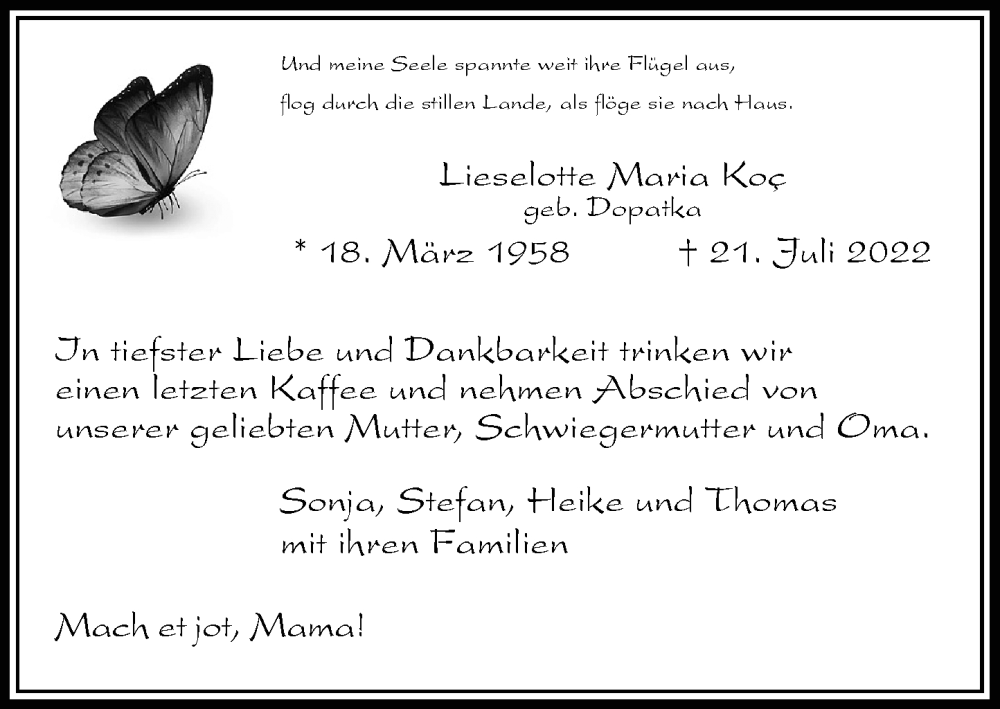  Traueranzeige für Lieselotte Maria  Koc vom 30.07.2022 aus Rheinische Post