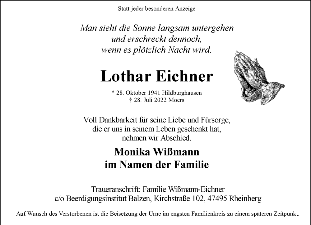 Traueranzeige für Lothar Eichner vom 30.07.2022 aus Rheinische Post
