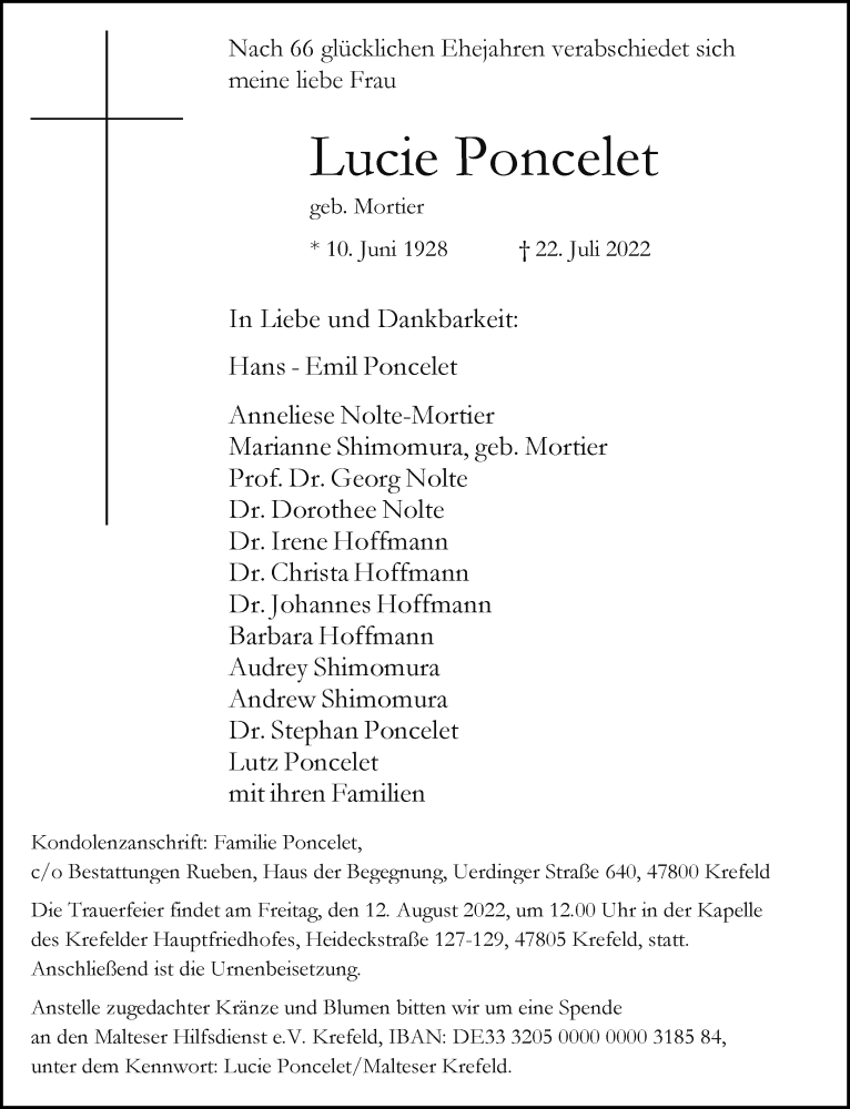  Traueranzeige für Lucie Poncelet vom 06.08.2022 aus Rheinische Post