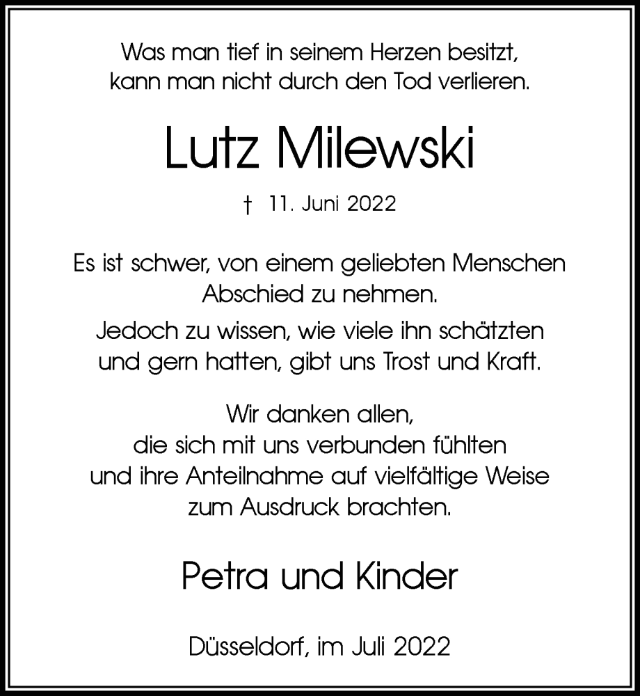  Traueranzeige für Lutz Milewski vom 30.07.2022 aus Rheinische Post