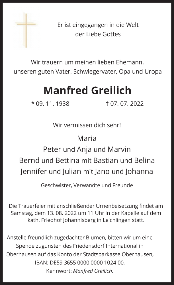  Traueranzeige für Manfred Greilich vom 06.08.2022 aus Rheinische Post