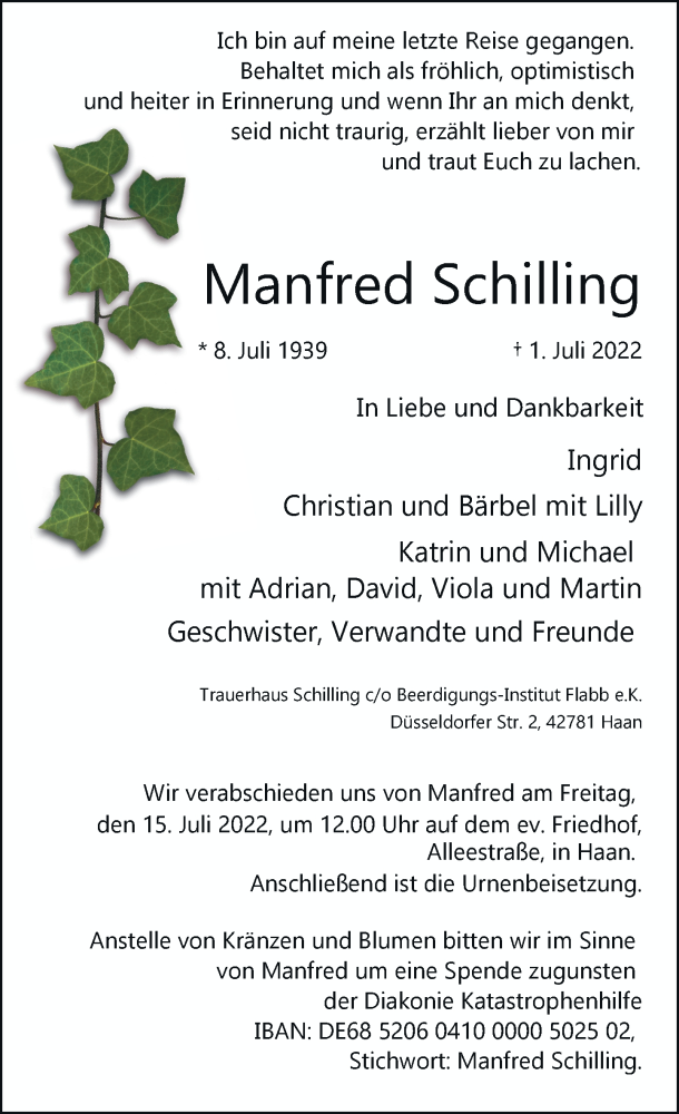  Traueranzeige für Manfred Schilling vom 13.07.2022 aus Rheinische Post