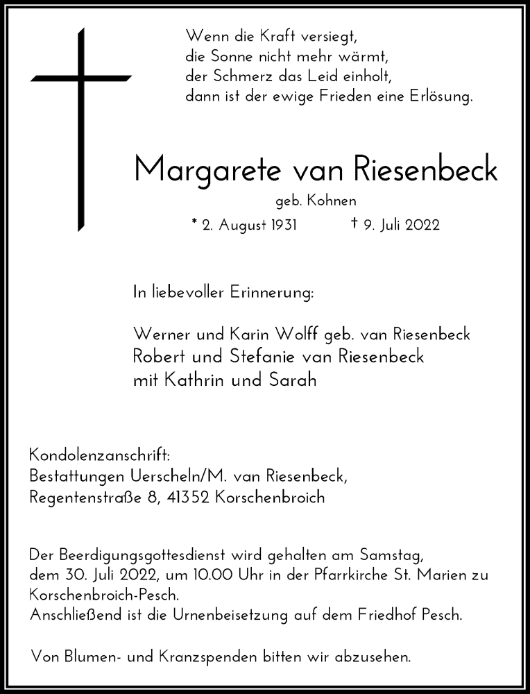  Traueranzeige für Margarete Margarete vom 16.07.2022 aus Rheinische Post