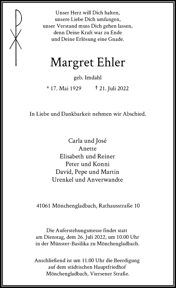  Traueranzeige für Margret Ehler vom 23.07.2022 aus Rheinische Post