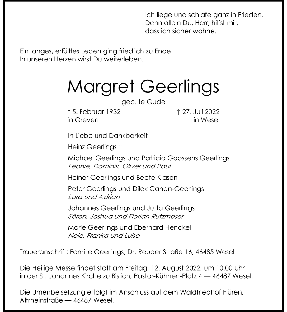  Traueranzeige für Margret Geerlings vom 30.07.2022 aus Rheinische Post