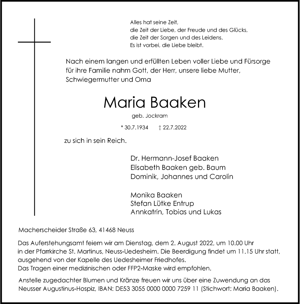  Traueranzeige für Maria Baaken vom 30.07.2022 aus Rheinische Post