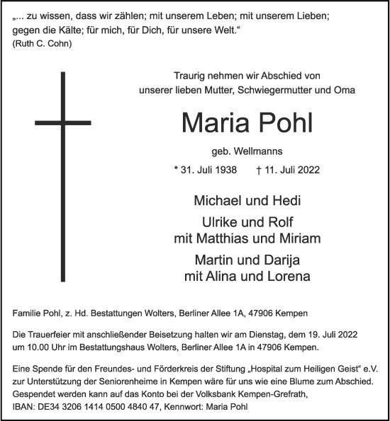 Traueranzeige von Maria Pohl von Rheinische Post