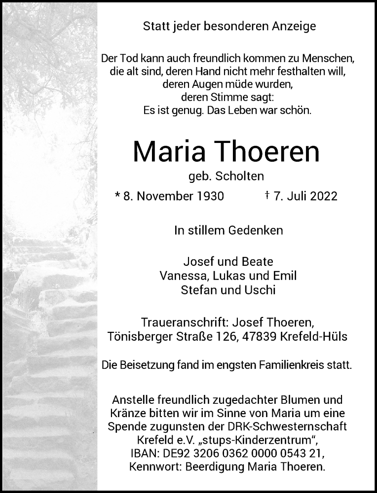  Traueranzeige für Maria Thoeren vom 16.07.2022 aus Rheinische Post