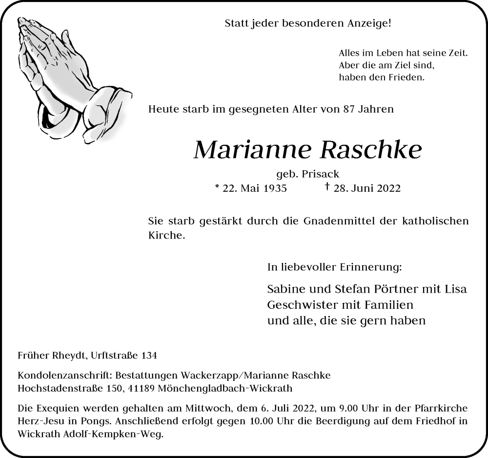  Traueranzeige für Marianne Raschke vom 02.07.2022 aus Rheinische Post