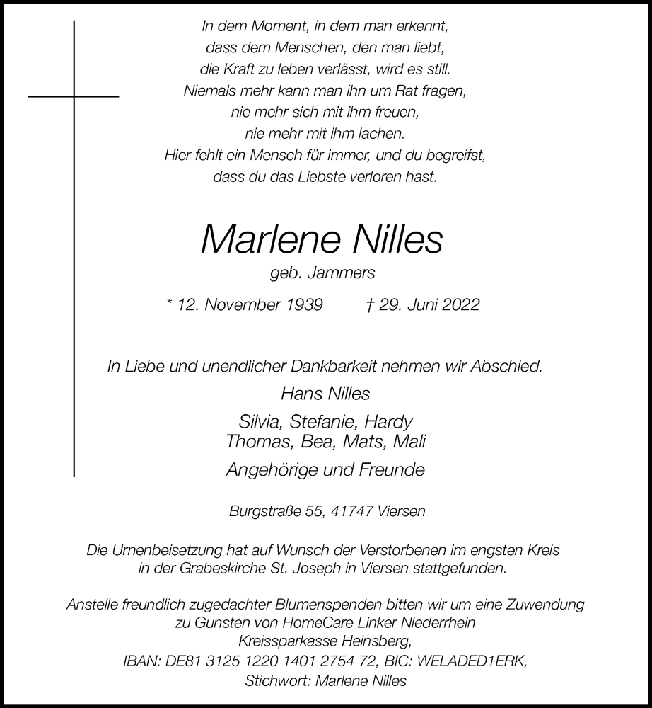  Traueranzeige für Marlene Nilles vom 23.07.2022 aus Rheinische Post