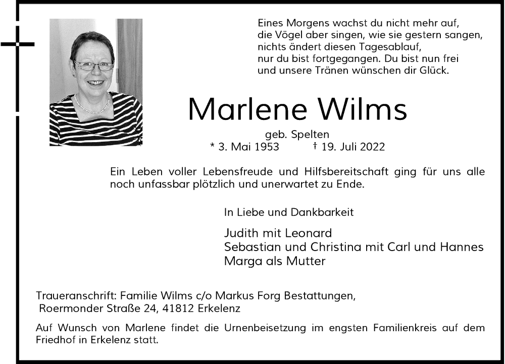  Traueranzeige für Marlene Wilms vom 23.07.2022 aus Rheinische Post