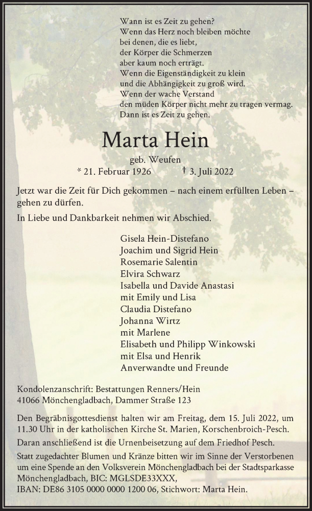  Traueranzeige für Marta Hein vom 09.07.2022 aus Rheinische Post
