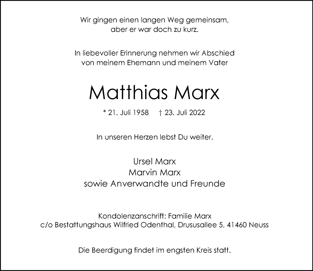  Traueranzeige für Matthias Marx vom 30.07.2022 aus Rheinische Post