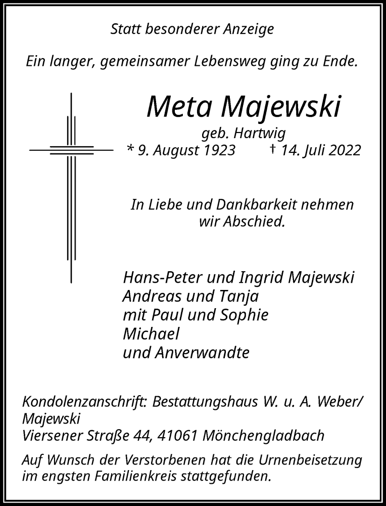 Traueranzeige für Meta Majewski vom 30.07.2022 aus Rheinische Post