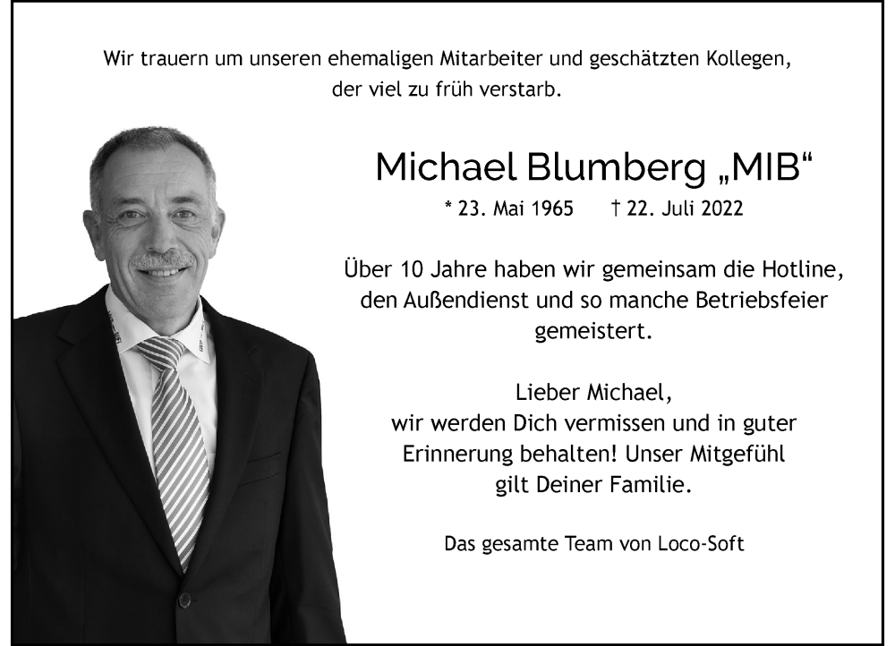  Traueranzeige für Michael Blumberg vom 26.07.2022 aus Rheinische Post
