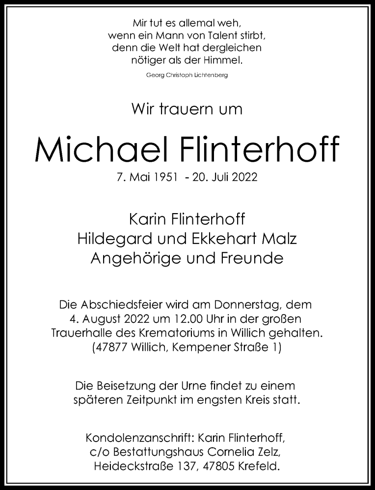  Traueranzeige für Michael Flinterhoff vom 30.07.2022 aus Rheinische Post