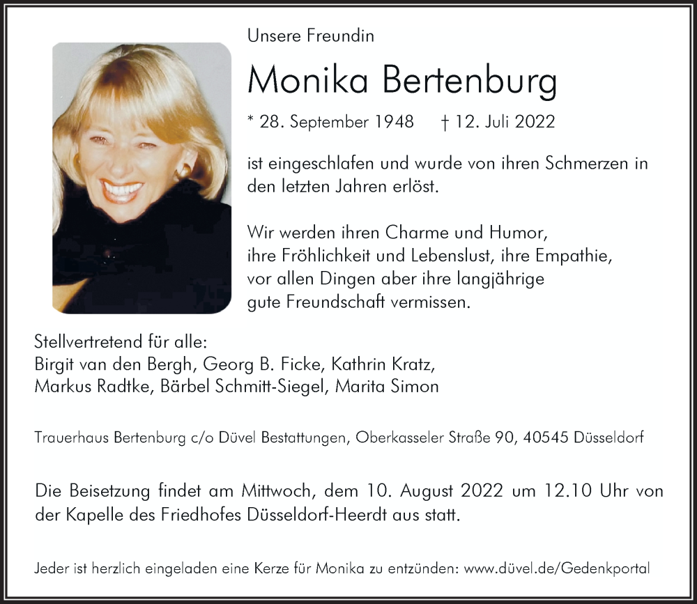  Traueranzeige für Monika Bertenburg vom 23.07.2022 aus Rheinische Post