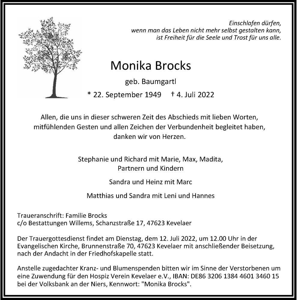  Traueranzeige für Monika Brocks vom 09.07.2022 aus Rheinische Post