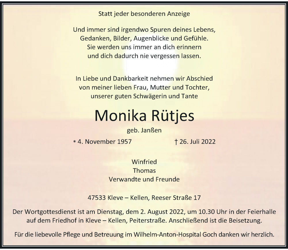  Traueranzeige für Monika Rütjes vom 29.07.2022 aus Rheinische Post