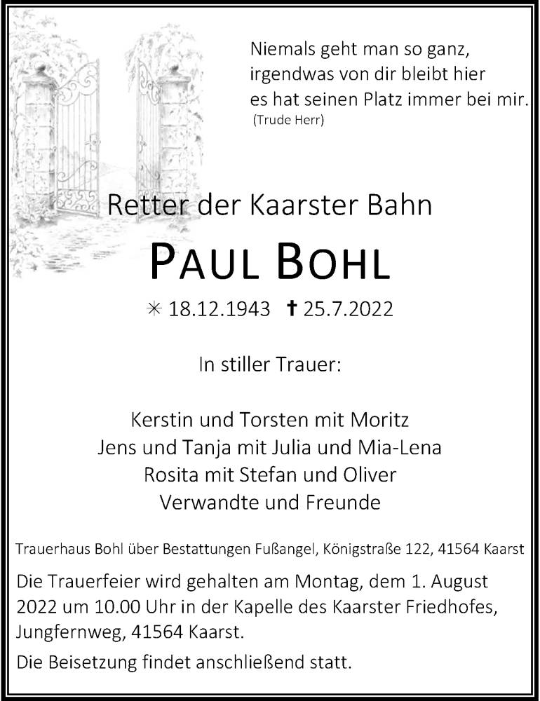  Traueranzeige für Paul Bohn vom 30.07.2022 aus Rheinische Post