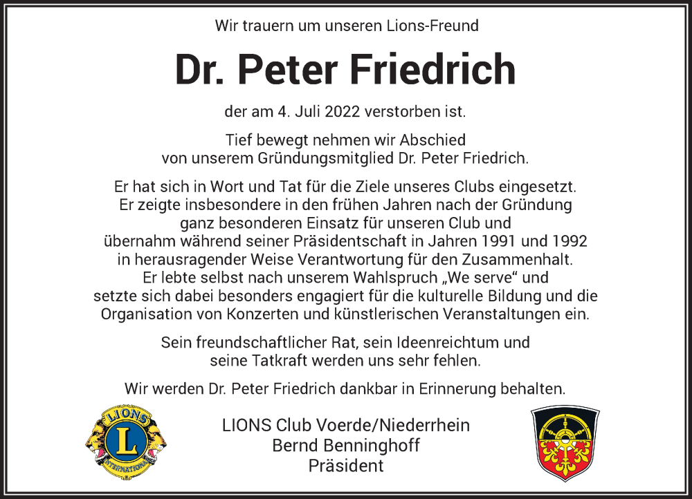  Traueranzeige für Peter Friedrich vom 16.07.2022 aus Rheinische Post
