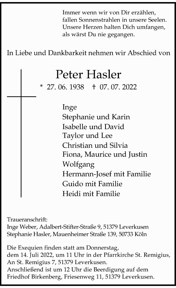  Traueranzeige für Peter Hasler vom 12.07.2022 aus Rheinische Post
