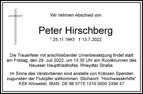 Traueranzeige von Peter Hirschberg von Rheinische Post