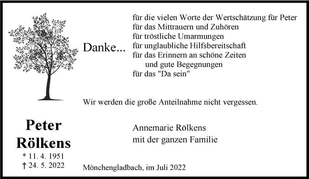  Traueranzeige für Peter Rölkens vom 09.07.2022 aus Rheinische Post