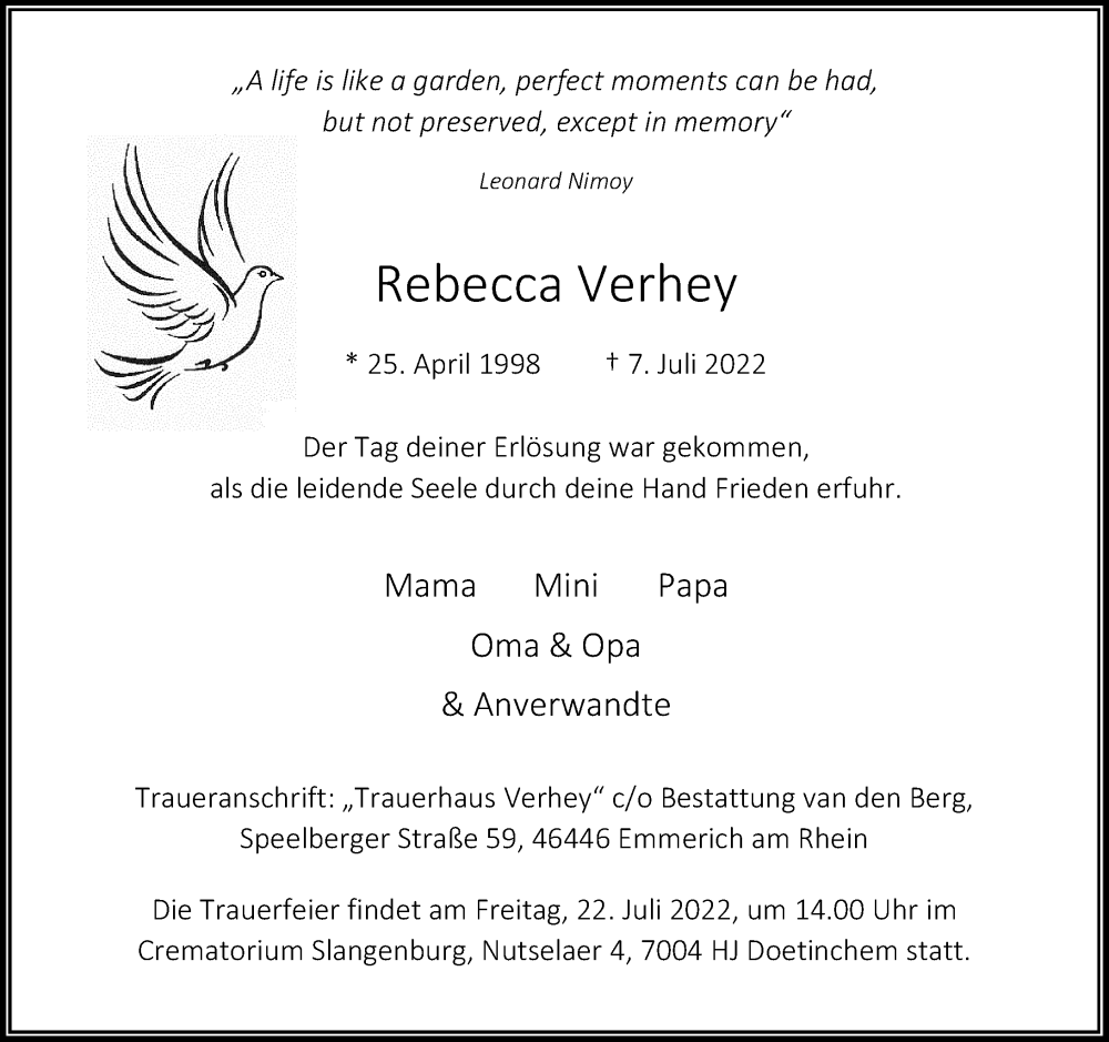  Traueranzeige für Rebecca Verhey vom 21.07.2022 aus Rheinische Post
