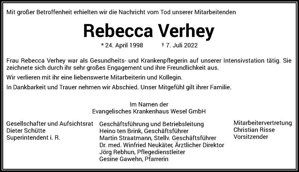  Traueranzeige für Rebecca Verhey vom 27.07.2022 aus Rheinische Post