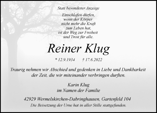 Traueranzeige von Reiner Klug von Rheinische Post
