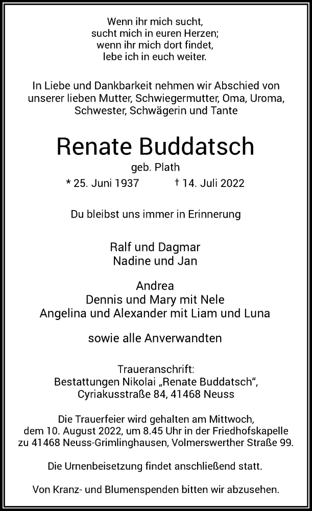  Traueranzeige für Renate Buddatsch vom 06.08.2022 aus Rheinische Post