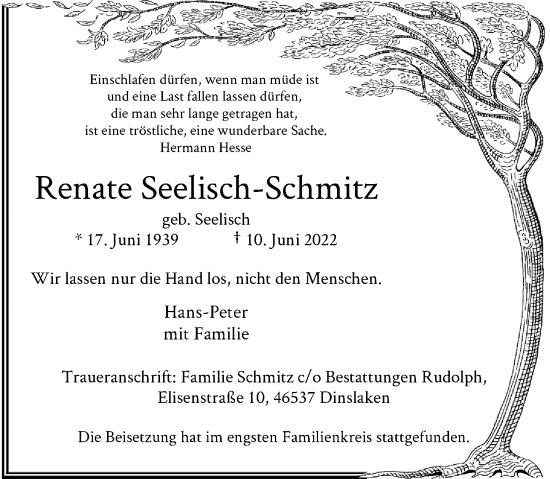 Traueranzeige von Renate Seelisch-Schmitz von Rheinische Post