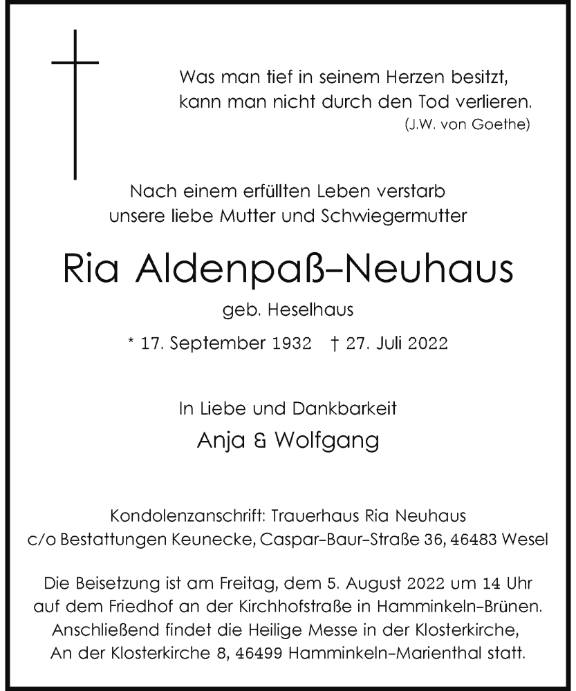  Traueranzeige für Ria Aldenpaß-Neuhaus vom 30.07.2022 aus Rheinische Post